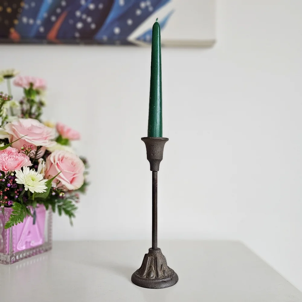 Antique Wrought Cast Iron Goth Candlestick Pillar CandleHolder & Green Candle